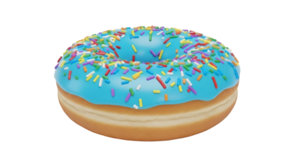 Delicious donut with blue frosting and colorful sprinkles isolated PNG, sweet treat for bakery and confectionery designs on transparent background