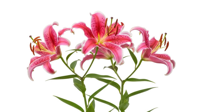 Three pink stargazer lilies isolated PNG on transparent background, beautiful blooming flowers with green stems for floral design