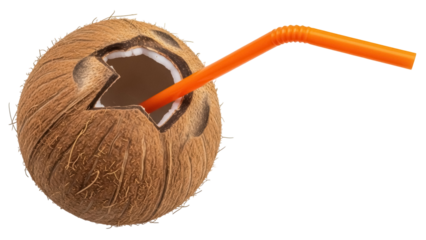 Coconut with orange straw PNG isolated on transparent background, tropical fruit drink for summer refreshment