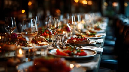 Candlelit long dining table set with gourmet plates and glassware in elegant restaurant, perfect for upscale event ads, hospitality visuals