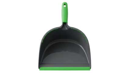 Gray and green plastic dustpan isolated PNG, cleaning tool for household chores and waste disposal on transparent background