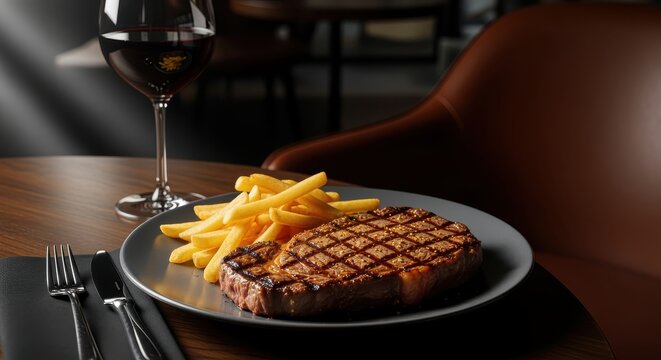 A mouthwatering steak and fries meal is served with a glass of red wine, creating a sophisticated and appetizing dining experience. The dark, moody lighting enhances the fine dining ambiance. - Powered by Adobe