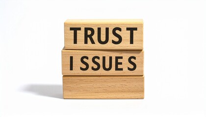A stack of three natural wooden blocks centered on a plain white background, with the top block engraved with the word "TRUST" and the middle block engraved with "ISSUES" in a bold, black sans-serif f
