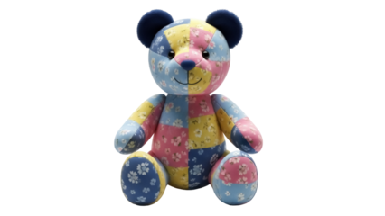 Patchwork teddy bear PNG isolated on transparent background, colorful stuffed animal toy for kids and decoration use, handmade design