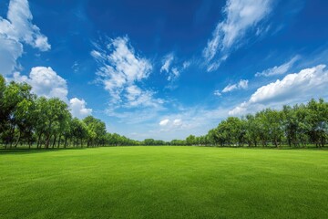 A vibrant green lawn stretching towards a line of lush trees beneath a bright blue, cloudy sky