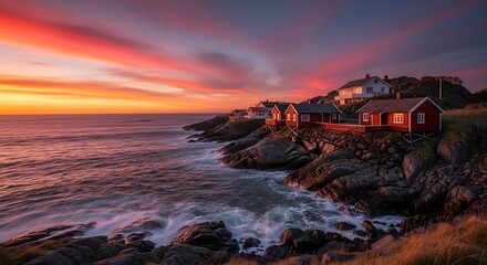Coastal Houses at Dramatic Sunset on Rocky Shore.
