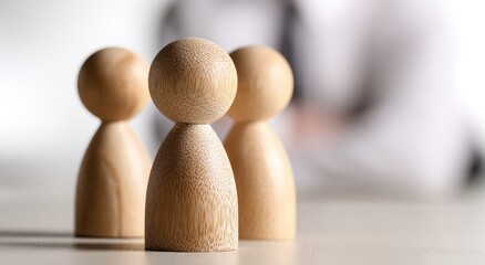 Three simple wooden figures stand in a row, with a blurry person behind