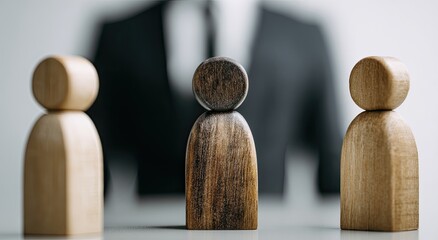 Three wooden figures stand in a line, one dark, two light, with a blurry person behind