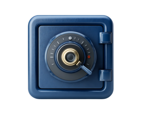 Blue safe box with gold and black dial isolated on a transparent background vault lock