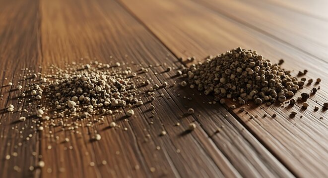 Coffee Beans Spilled on Wooden Table.