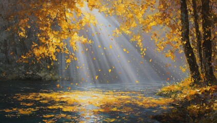 Autumn stream bathed in golden light, leaves falling and floating on water