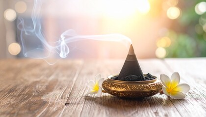 Luxury Oud Incense Cone Burning on Golden Bokeh Background