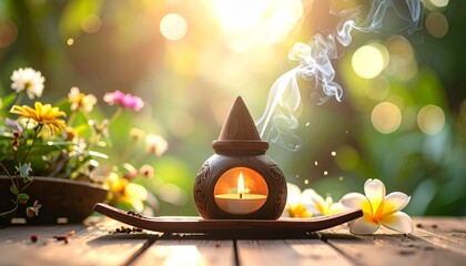 Decorative Incense Holder and Sandalwood Essence on Wooden Floor