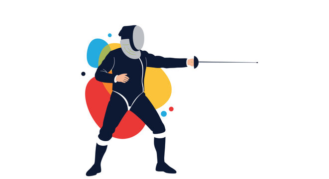 Fencer in a black uniform and protective mask, standing in a classic en garde stance with an epee foil pointed forward.
