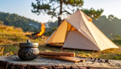 Outdoor Yoga and Relaxation Setting with Incense and Sunlight