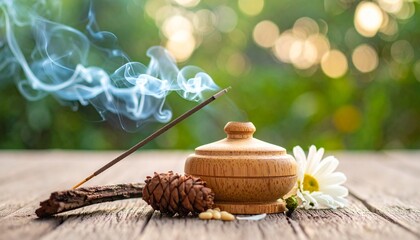 Burning Cedar Incense Stick in Ceramic Holder on Wooden Table with Flowers