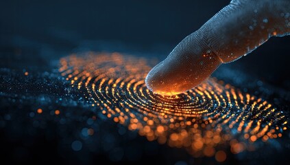 Fingerprint scan with glowing orange lines and dots on dark background