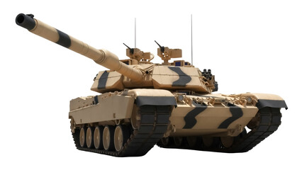 Obraz premium Camouflaged main battle tank PNG isolated on transparent background, modern military vehicle for army and defense concepts