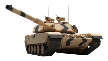 Camouflaged main battle tank PNG isolated on transparent background, modern military vehicle for army and defense concepts