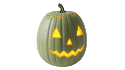 Green Halloween pumpkin isolated PNG, carved jack-o -lantern with glowing face for spooky holiday decoration and autumn celebration