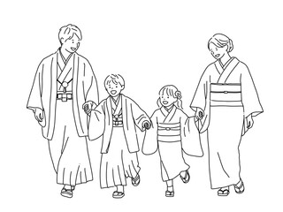 和装で手をつないで歩く家族の線画イラスト｜七五三・お正月・親子