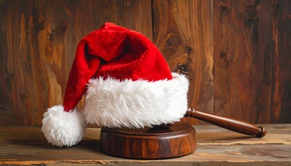 Judge&rsquo;s gavel with Santa hat on wooden surface&mdash;evoking festivity, authority, and the playful choreography of justice, tradition, and seasonal cheer.