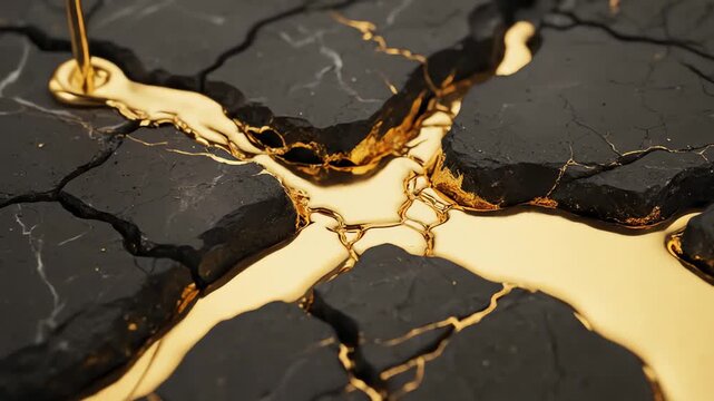 Liquid Gold Filling Cracked Black Marble in Abstract Luxury Kintsugi Style &ndash; AI Generated