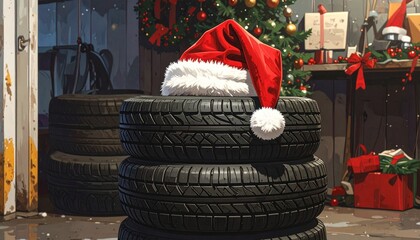 Wooden judge gavel wearing red Santa hat on rustic table, creative Christmas law concept, warm lighting, shallow depth of field, festive yet professional still life