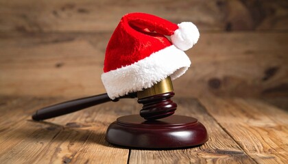 Wooden judge gavel wearing red Santa hat on rustic table, creative Christmas law concept, warm lighting, shallow depth of field, festive yet professional still life