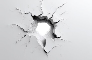 White wall with a large, jagged hole, revealing bright light beyond