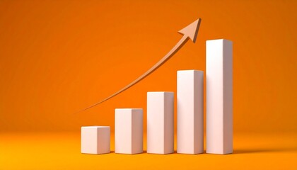 White 3D bar chart with upward arrow on orange background, business growth concept, minimalist design, soft studio lighting, clean composition, success and progress theme