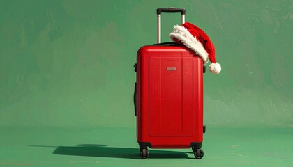 Red travel suitcase wearing Santa hat on green background, creative Christmas travel concept, minimalist product photography, soft studio lighting, clean shadows, festive mood