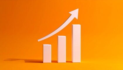 White 3D bar chart with upward arrow on orange background, business growth concept, minimalist design, soft studio lighting, clean composition, success and progress theme