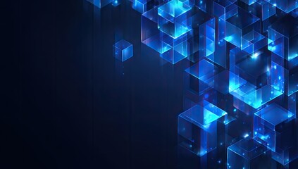 Abstract digital cubes and light particles in a dark, luminous blue space
