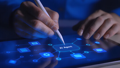 Human hand uses stylus to interact with AI Agent interface on a digital tablet screen with glowing blue icons and network lines.