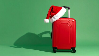 Red travel suitcase wearing Santa hat on green background, creative Christmas travel concept, minimalist product photography, soft studio lighting, clean shadows, festive mood