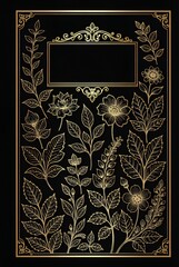 Golden Floral Elegance: Intricate Botanical Frame Art on Black