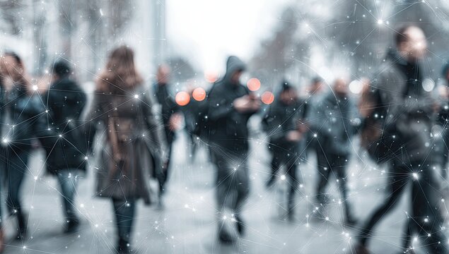 Blurred crowd walking on street with glowing network overlay - Powered by Adobe