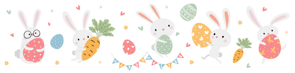 Cute rabbits carrying Easter eggs, Happy Easter inscription on flags, flowers, and eggs. A set of flat vector illustrations. . Vector illustration