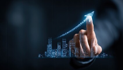 A digital finger points to an upward arrow created from glowing particles over a city graph