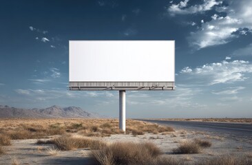 Empty billboard in barren landscape beside a road, under a cloudy sky