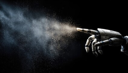 Mechanical hand extends a finger, creating a cloud of particles