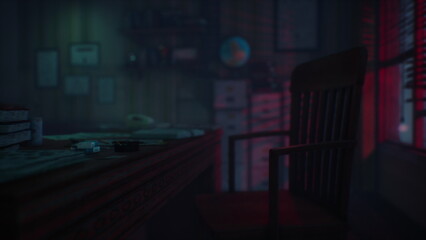 Dimly lit study captures an atmosphere of intrigue. A chair sits silently beside a cluttered desk, hinting at untold stories. The warm glow contrasts with lurking shadows, inviting curiosity.