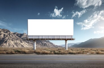 Blank billboard stands on a roadside in a vast, arid landscape