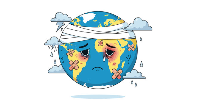 Crying cartoon planet Earth with a sad face covered in bandages, representing pollution and environmental damage.