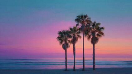 Three palm trees on a beach at sunset