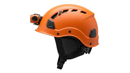 Orange climbing helmet with headlamp isolated PNG, safety equipment for mountaineering and construction on transparent background