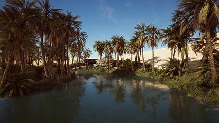 Obraz premium Lush palm trees surround a serene oasis, their reflections dancing on the calm water. Golden sand dunes rise majestically against a bright blue sky, creating a tranquil desert retreat.