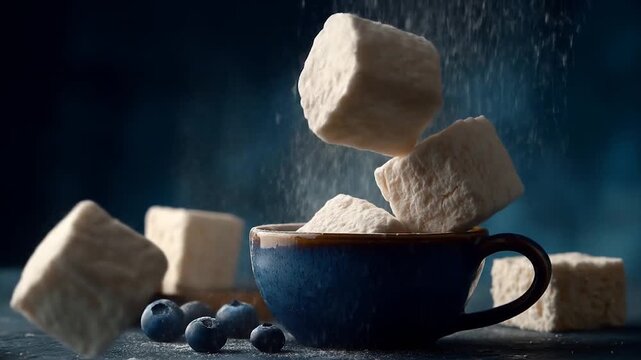 Close up of marshmallow cubes falling into a dark blue ceramic cup