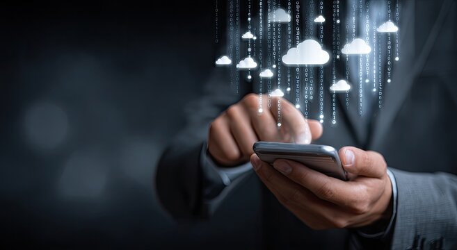 Person interacting with smartphone displaying digital cloud data download - Powered by Adobe
